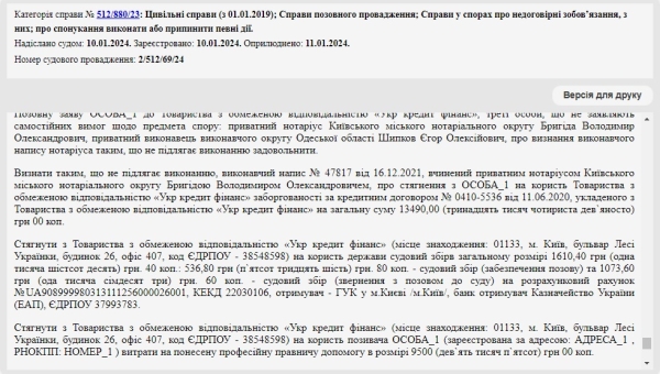 Справа № 512/880/23: Скасували виконавчий напис нотаріуса від Укр кредит фінанс